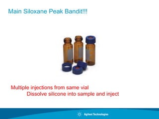 Main Siloxane Peak Bandit!!!
Multiple injections from same vial
Dissolve silicone into sample and inject
 