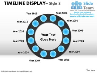 TIMELINE DISPLAY– Style 3
                                Year 2012               Year 2000


                    Year 2011                                      Year 2001


               Year 2010                                                Year 2002
                                                Your Text
               Year 2009
                                                Goes Here               Year 2003



                     Year 2008                                      Year 2004


                                    Year 2007               Year 2006



Unlimited downloads at www.slideteam.net
                                                                                    Your logo
 