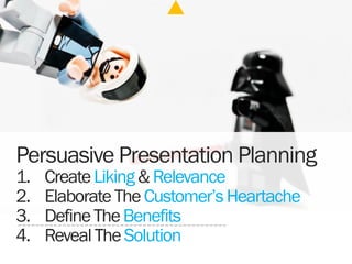 Persuasive Presentation Planning
1. CreateLiking&Relevance
2. ElaborateTheCustomer’sHeartache
3. DefineTheBenefits
4. Reve...