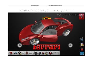 How to Make 3D Car Business Interactive Program          http://www.presentation-3d.com<br />3524250114300<br />How to Make 3D Car Business Interactive Program<br />Shops, exhibitions, product launches, automobiles, real estate, health care, training and other occasions, the need for effective interactive presentations, to attract more customers stop, in a limited space to display more information. Use Aurora 3D Presentation, you can do everything you want. Now, we can learn how to create a commercial interactive presentations.<br />35147251143004991100133350<br />Make Program UI<br />First, presentation interface and button making. This is a very important part of the presentation, friendly interface and buttons guide users to browse information and options. We need to select the background image, the effect is as shown:<br />160020010572756572250962025657225038100After selecting the background, we create a new UI, select the quot;
buttonquot;
 because we need to make the camera animation, UI object will not change as the camera position changes. It is always on top, but the angle will not change.Select the quot;
buttonquot;
 after the direct drag and drop interface, you can add a default button.Double-click the button, the button Settings dialog box will pop up.We choose the button image, if there are multiple UI coincidence, <br />then, you can choose UI Layer, set the current UI which floor.<br />726757592392547339259239252781300962025Adding UI study, we look at how to add a 3D model, select the object-> 3D Model, select a 3D model import dialog box will pop up split Model, in order to adjust the color and easy to create interactive animation, we chose YES.Select yes, the model will be imported into the show, in the hierarchy, we see that model to form a group.<br />1117604953001117602875915441007528765504410075494665Accordance with the above method, we can build one by one slide, in this show, we need to build a total of 5 slide, including the home page, color choices, more features, parts decomposition, video parts, the establishment of a good slide below:<br />In establishing the color interface, we can mix different colors of a UI to achieve, so do not need to create multiple images.Also in the Object, we need to create a video, select the video, here we need to add the file, add video, pop up dialog box, in this show, we select auto start, loop play, and play completed return to beginning.After confirmation, the video will be added to the display of.5829300-19050<br />95250310515<br />01750695<br /> Final, we build a 5 page slides. Here we will link each page.<br />Right-click on the option to add the link button in the pop-up menu, select quot;
Edit Hyper Linkquot;
, in the pop-up dialog box, select click the button to jump to the slide. as shown.We can use this method to set the page's navigation menu.170497528575539115028575720090028575<br />211455028575After the completion of all the navigation, we need each page object animation and interactive design, this time, we need to use the interactive panel features. Open the Presentation Tab, click the Interactive Panel, we will see an interactive panel on the right.<br />536257528575952528575First, we have to design the control vehicle rotation around the button animation.Rotating button is selected, the interactive panel on the Event List, select, Add-> Node-> Left Mouse Click, add a button's click event.<br />447675112395<br />5391150184785<br />Then select the 3D model, at the bottom of the Action List, select Add-> Node Animation, Node Animation pops up a dialog box, where we choose Rotation animation, set the offset value of -30, so click the left arrow Button, three-dimensional model will be rotated 30 degrees to the left to make a movie. Similarly, we can make the right rotate animation.<br />152400495300 Use the same method, we can also produce color animation, increased left-click event, and then select the need to change the color of the object, in the click event to increase under the action list object Node animation, color animation in the dialog box, select, set the colors you need to change.<br />1905028575 Page feature in detail, we need to design a camera for each feature animation, when you click the button for each function when the camera will automatically give the location of car model features a close-up.<br />First, we need to move the camera to the location, the mouse wheel operation from near and far, right rotation operation, hold down the mouse button move the mouse, operating the camera movement. After the mobile good camera, in the action list, select add -> camera animation. and then a dialog box will pop up a camera animation. You can just click OK.<br />3368675495307112068580<br />-695960022860<br />Because playing in the interactive display process, the operation of the vehicle to rotate and so on, if the car changed direction, camera animation displays the results might be different, so here we have to add a Node Reset the action, so that we Do not worry about the car during playback rotate, move, etc. operation.<br />171704028575550545028575 Increase in the audio when playing animation. In the action list, select add -> Play Sound, pop-up dialog box, select the audio file, select open, the audio file player in the action list will be added to, you can set the playback time and delay and so on.<br />838200148971061531502133603333750213360 Setting Tooltip Action, a function to do when the camera close-up, we need to display a tooltip to the reality of functional and do image enhancement is described.In the action list, select add -> Tooltip Action, in the pop-up dialog box, select to use the picture, fill in the caption, and set the text size, and the tooltip shows the relative position of the screen.  After setting, Results shown in Figure:<br />554355014287505543550123825201930057150 3D model of the car door opened and closed design of the animation, first select the object group to the door, right-click and select Adjust Group Center, so you can adjust the rotation of the center, we will rotate in the center of the door near the front wheel set to the location of This door will be in the rotation along the left axis.<br />201930030480732472530480Set the center, the same door we add a click event object, to increase the click event opening and closing of the rotation action, set two action, one group is open, one is closed. Tick ​​in the trigger that requires the mouse and then tap to trigger the next action, another event loop functions have chosen.A door opened and closed the animation is complete.<br />36004502524125Increase the slide show animation of each page, slide show automatically when each page is made ​​by animation, such as each page is opened in the car we need to do an animation, UI to do an animation, or video camera can make a movie here Achieved.In the Event list, select add -> slide show,In this slide show, we added a 3D Model of the loop the animation, set repeat: until the end, set the rotation: 360, set the duration: 10s.In addition, we also added a camera animation, and a sound. In addition, we set the UI to enter the animation, note that the Spring UI to set the animation speed we choose out bounce.Play time is what we see effects.3604895-95250-9525<br />3076575952558953409525In addition, we can set up a web link in the show, when we click on this link and they will jump to our site. Set by right-menu, select Edit Hyperlink, select the website, completed in go to the URL address.Set up a post, we can set the UI properties of the link, select always visible in every slide, so that on each page will be displayed.<br />Player Settings: Select the menu play setup, where we can select whether the full-screen playback, can freely move the camera, is hidden mouse.Finally, the completion of all the animation, open the presentation tab, click the preview, you can preview the animation.<br />3333750685801762125685808572568580<br />-6391275156210-7591425156210<br />Preview complete, you want to share with friends or send to customers, the software can be exported into a single exe file, select file-> export as exe, in the pop-up dialog box, select Export to export the path, you can click save.I wish you happy.  Thank You Very Much.<br />http://www.presentation-3d.com   Aurora3D Software<br />