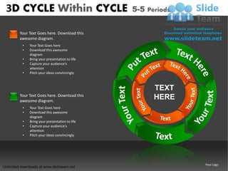 3D CYCLE Within CYCLE                          5-5 Periods


         Your Text Goes here. Download this
         awesome diagram.
          •   Your Text Goes here
          •   Download this awesome
              diagram
          •   Bring your presentation to life
          •   Capture your audience’s
              attention
          •   Pitch your ideas convincingly



                                                      TEXT
         Your Text Goes here. Download this
         awesome diagram.
                                                      HERE
          •   Your Text Goes here
          •   Download this awesome
              diagram
          •   Bring your presentation to life
          •   Capture your audience’s
              attention
          •   Pitch your ideas convincingly




                                                              Your Logo
Unlimited downloads at www.slideteam.net
 