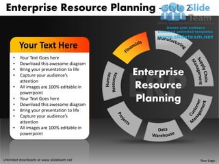 Enterprise Resource Planning - Style 2


         Your Text Here
     •   Your Text Goes here
     •   Download this awesome diagram
     •
     •
         Bring your presentation to life
         Capture your audience’s           Enterprise
         attention
     •   All images are 100% editable in   Resource
         powerpoint
     •
     •
         Your Text Goes here
         Download this awesome diagram
                                            Planning
     •   Bring your presentation to life
     •   Capture your audience’s
         attention
     •   All images are 100% editable in
         powerpoint




Unlimited downloads at www.slideteam.net                Your Logo
 