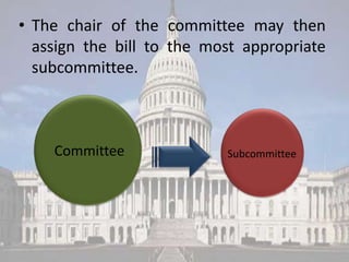 • The chair of the committee may then
  assign the bill to the most appropriate
  subcommittee.



    Committee              Subcommittee
 