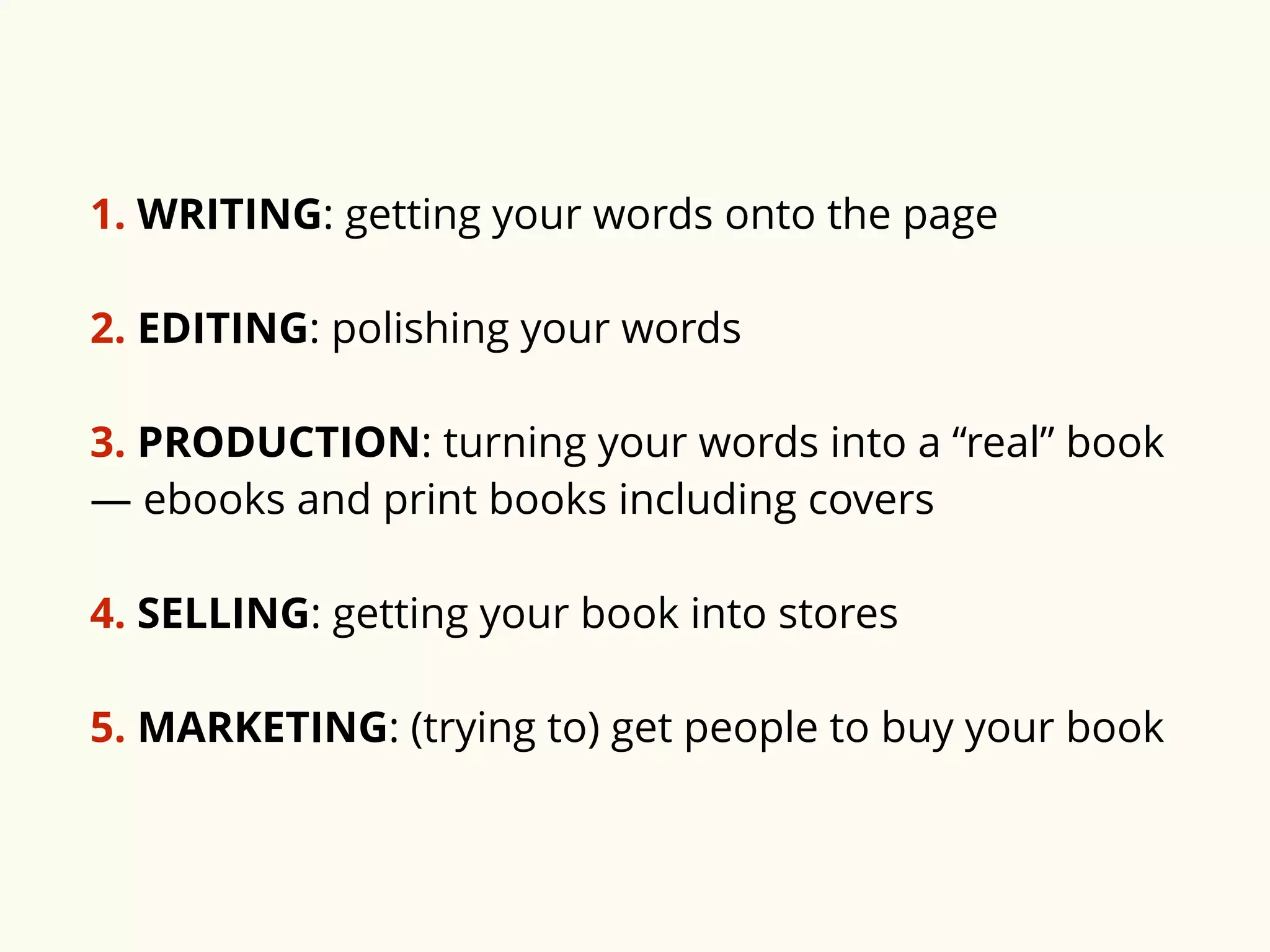 1. WRITING: getting your words onto the page 
2. EDITING: polishing your words 
3. PRODUCTION: turning your words into a “real” book 
— ebooks and print books including covers 
4. SELLING: getting your book into stores 
5. MARKETING: (trying to) get people to buy your book 
 