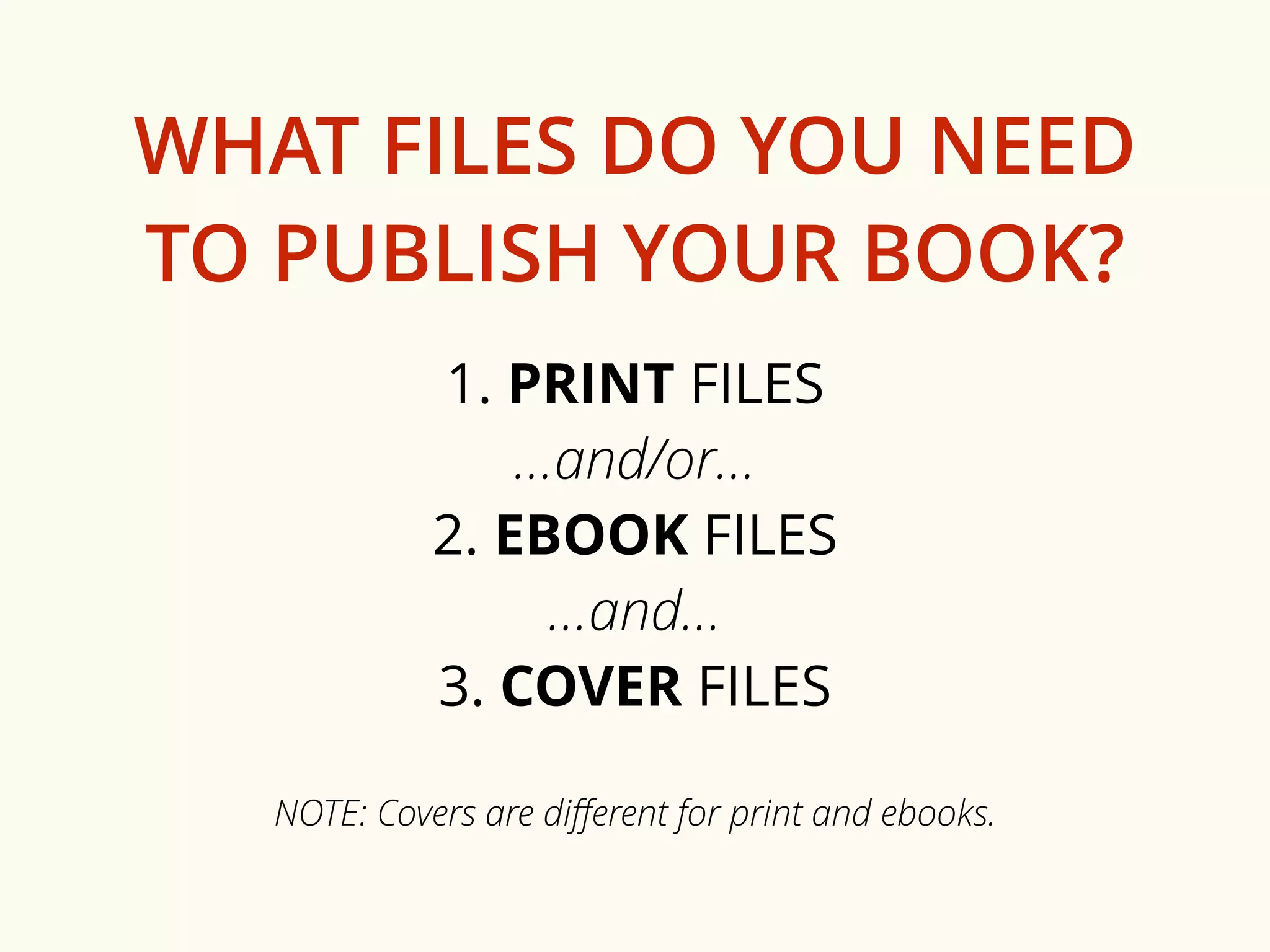 WHAT FILES DO YOU NEED 
TO PUBLISH YOUR BOOK? 
1. PRINT FILES 
…and/or… 
2. EBOOK FILES 
…and… 
3. COVER FILES 
NOTE: Covers are different for print and ebooks. 
 