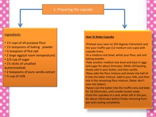 1. Preparing the cupcake
Ingredients
• 1½ cups of all-purpose flour
• 1½ teaspoons of baking powder
• ¼ teaspoon of fine salt
• 2 large eggs(at room temperature)
• 2/3 cup of sugar
• 1½ sticks of unsalted
butter(melted)
• 2 teaspoons of pure vanilla extract
• ½ cup of milk
How To Make Cupcake
•Preheat your oven to 350 degrees Fahrenheit and
line your muffin pan (12 medium-size cups) with
cupcake liners.
•In a medium-size bowl, whisk your flour, salt and
baking powder.
•Take another medium-size bowl and beat in eggs
and sugar for about 2minutes. While still beating,
slowly add in your butter, and then vanilla.
•Now, take the flour mixture and slowly mix half of
it into the latter mixture. Add in your milk, and then
mix in the remaining flour mixture. (Note: don’t
over mix batter).
•Spoon out the batter into the muffin cans and bake
for 18-20minutes, until needle-tested ready.
•Cool the cupcakes in a rack, while still in the pan,
for about 10minutes before finally removing from
pan and cooling completely.
 