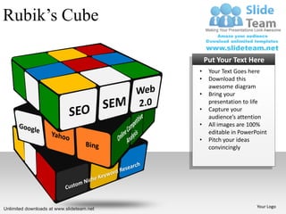 Rubik’s Cube

                                               Put Your Text Here
                                           •    Your Text Goes here
                                           •    Download this
                                                awesome diagram
                                           •    Bring your
                                                presentation to life
                                           •    Capture your
                                                audience’s attention
                                           •    All images are 100%
                                                editable in PowerPoint
                                           •    Pitch your ideas
                                                convincingly




Unlimited downloads at www.slideteam.net                          Your Logo
 
