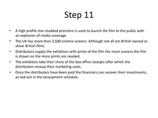 Step 11
•   A high profile star-studded premiere is used to launch the film to the public with
    an explosion of media coverage.
•   The UK has more than 3,500 cinema screens. Although not all are British owned or
    show British films.
•   Distributors supply the exhibitors with prints of the film the more screens the film
    is shown on the more prints are needed.
•   The exhibitors take their share of the box office receipts after which the
    distributors recoup their marketing costs.
•   Once the distributors have been paid the financiers can recover their investments,
    as laid out in the recoupment schedule.
 