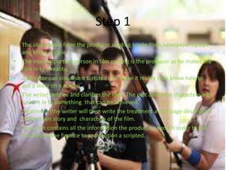 Step 1
• The idea comes from the producer reading books,films,newspapers,plays
  and other people.
• The most important person in film making is the producer as he makes the
  film in to a reality.
• A director can visualise a scripted and make it reality they know how to
  put a story on a screen.
• The writer defines and clarifies the idea. The plot and main characters and
  turns it in to something that can be achieved.
• Treatment (the writer will then write the treatment a one page description
  of the main story and characters of the film.
• The pitch contains all the information the producer needs in order to sell
  the idea to the finance to commotion a scripted.
 