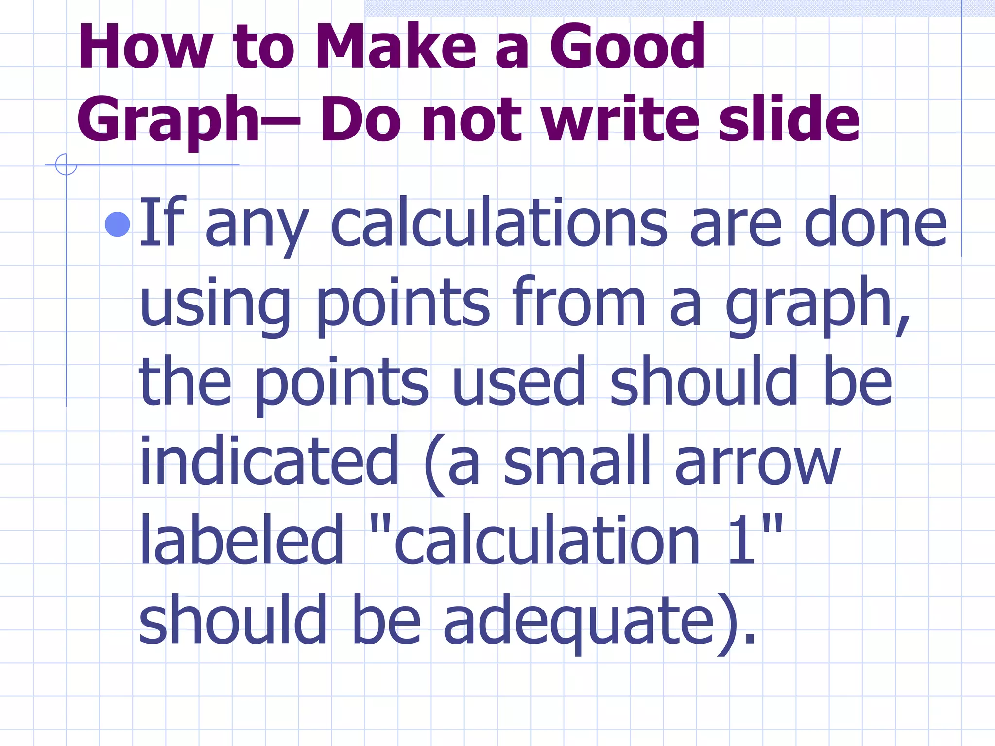 How to Make a Good Graph– Do not write slide If any calculations are done using points from a graph, the points used should be indicated (a small arrow labeled "calculation 1" should be adequate).  