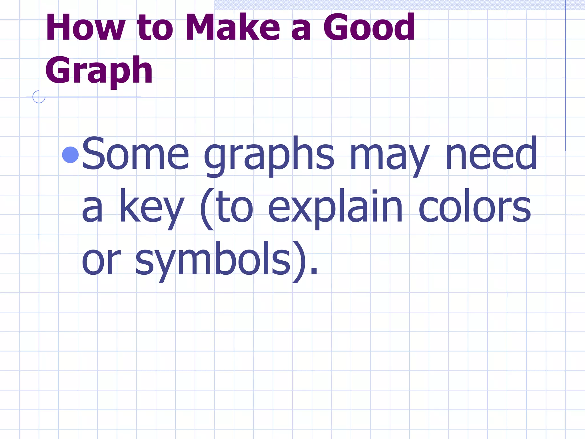 How to Make a Good Graph Some graphs may need a key (to explain colors or symbols).  