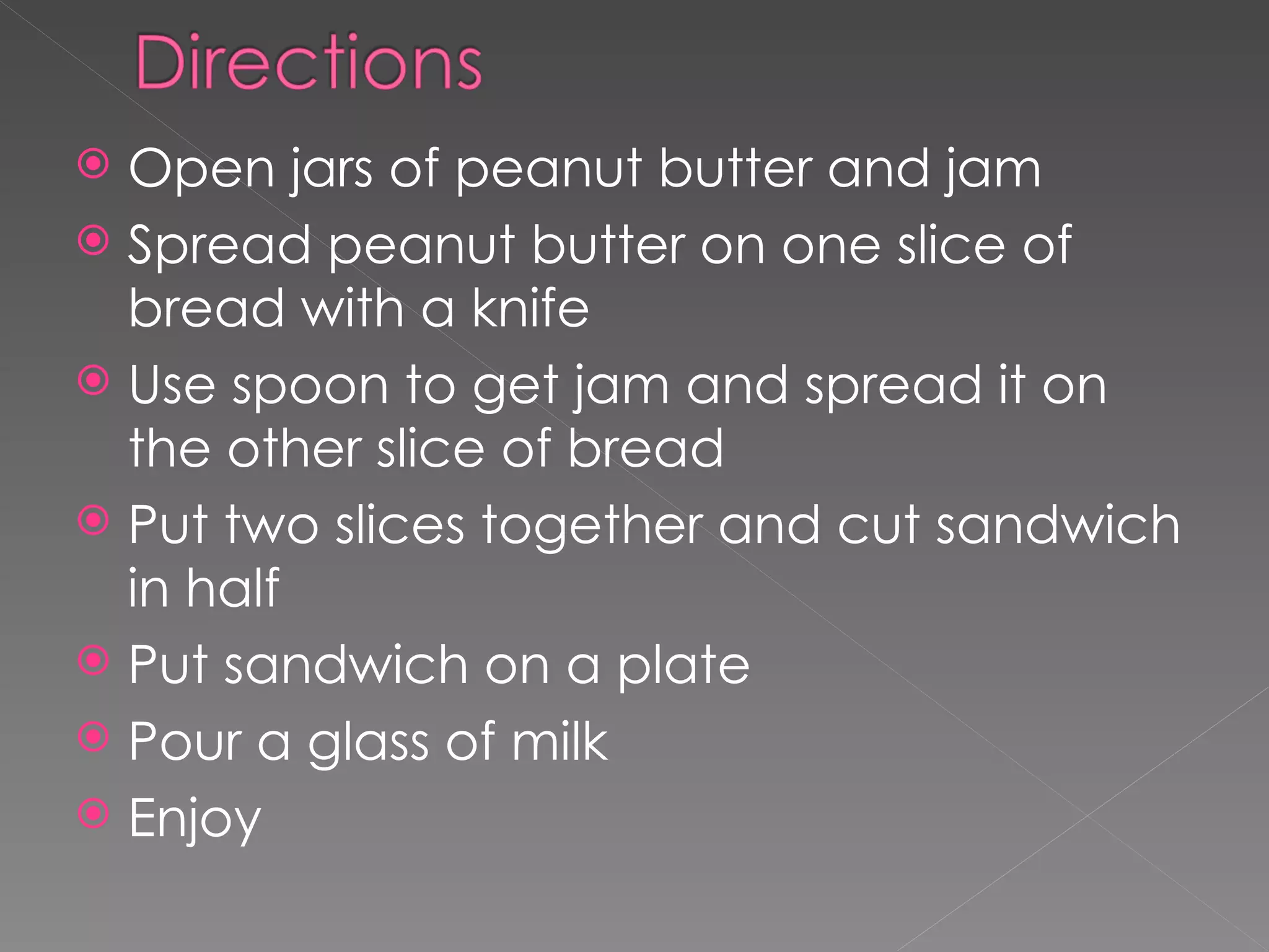 Open jars of peanut butter and jam Spread peanut butter on one slice of bread with a knife Use spoon to get jam and spread it on the other slice of bread Put two slices together and cut sandwich in half Put sandwich on a plate Pour a glass of milk Enjoy