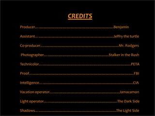 Thank you for your time
              CREDITS
Producer….............................................................................Benjamin

      Thank you for making this production possible
Assistant….............................................................................Jeffry the turtle

Co-producer….............................................................................Mr. Rodgers

Photographer…...............................................................Stalker in the Bush
                             THANK YOU!!!!!
Technicolor…...........................................................................................PETA

Pro0f…........................................................................................................FBI

Intelligence….............................................................................................CIA

Vacation operator…....................................................................Jamacamon

Light operator…........................................................................The Dark Side

Shadows…................................................................................The Light Side
 