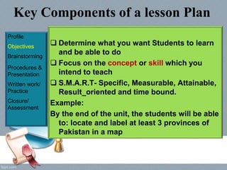 Key Components of a lesson Plan
Profile
Objectives
Brainstorming
Procedures &
Presentation
Written work/
Practice
Closure/
Assessment
 Determine what you want Students to learn
and be able to do
 Focus on the concept or skill which you
intend to teach
 S.M.A.R.T- Specific, Measurable, Attainable,
Result_oriented and time bound.
Example:
By the end of the unit, the students will be able
to: locate and label at least 3 provinces of
Pakistan in a map
 