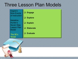 Three Lesson Plan Models
Gagne’s
Nine Events
of Instruction
Madeline
Hunter’s
Seven Step
Lesson Plan
Model
The 5E’s
Model
...