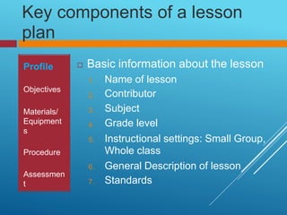 Key
plan
components of a lesson
 Basic information about the lesson
Name of lesson
Contributor
Subject
Grade level
1.
2.
...