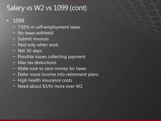 Salary vs W2 vs 1099 (cont)
•
    −
    −
    −
    −
    −
    −
    −
    −
    −
    −
    −
 