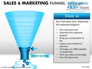 SALES & MARKETING FUNNEL -11 Stages

                                                                       STAGE 10
                                                               Your Text Goes here. Download
                                                               this awesome diagram
                                                               • Your Text Goes here
                                                               • Download this awesome
                                                                 diagram
                                                               • Bring your presentation to
                                                                 life
                                                               • Capture your audience’s
                                                                 attention
                                                               • All images are 100% editable
                                                                 in PowerPoint
                                           Deals in your Bag   • Pitch your ideas convincingly
                                                               • Your Text Goes here



Unlimited downloads at www.slideteam.net                                                 Your Logo
 