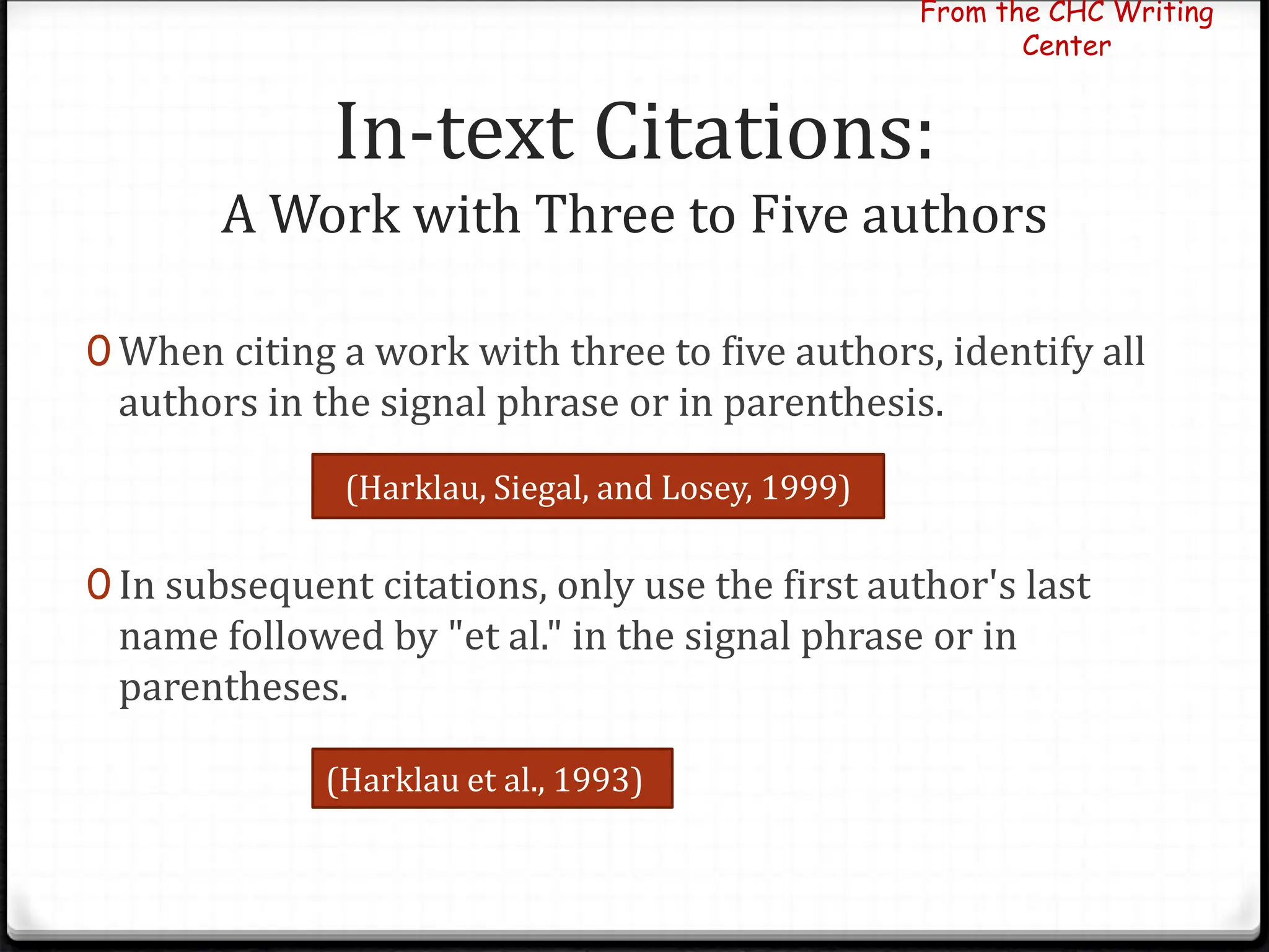 In-text Citations:
A Work with Three to Five authors
0 When citing a work with three to five authors, identify all
authors in the signal phrase or in parenthesis.
0 In subsequent citations, only use the first author's last
name followed by "et al." in the signal phrase or in
parentheses.
From the CHC Writing
Center
(Harklau, Siegal, and Losey, 1999)
(Harklau et al., 1993)
 