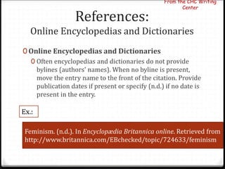 Encyclopedia Reference Example How to make an APA Citation and Referencing.ppt