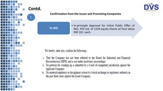 Confirmation from the Issuer and Promoting Companies
Contd.
7.
• In-principle Approval for Initial Public Offer of
M/s. XYZ Ltd. of 1234 equity shares of Face Value
INR 10/- each.
To NSE
 