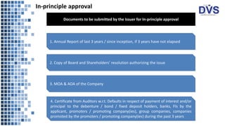 In-principle approval
1. Annual Report of last 3 years / since inception, if 3 years have not elapsed
2. Copy of Board and Shareholders’ resolution authorizing the issue
3. MOA & AOA of the Company
4. Certificate from Auditors w.r.t. Defaults in respect of payment of interest and/or
principal to the debenture / bond / fixed deposit holders, banks, FIs by the
applicant, promoters / promoting company(ies), group companies, companies
promoted by the promoters / promoting company(ies) during the past 3 years
Documents to be submitted by the Issuer for In-principle approval
 