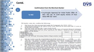 .
• In-principle Approval for Initial Public Offer of
M/s. XYZ Ltd. of 1234 equity shares of Face
Value INR 10/- each.
To NSE
Confirmation from the Merchant Banker
6.
Contd.
 