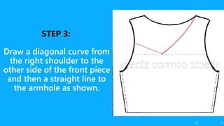 10 10
Draw a diagonal curve from
the right shoulder to the
other side of the front piece
and then a straight line to
the armhole as shown.
 