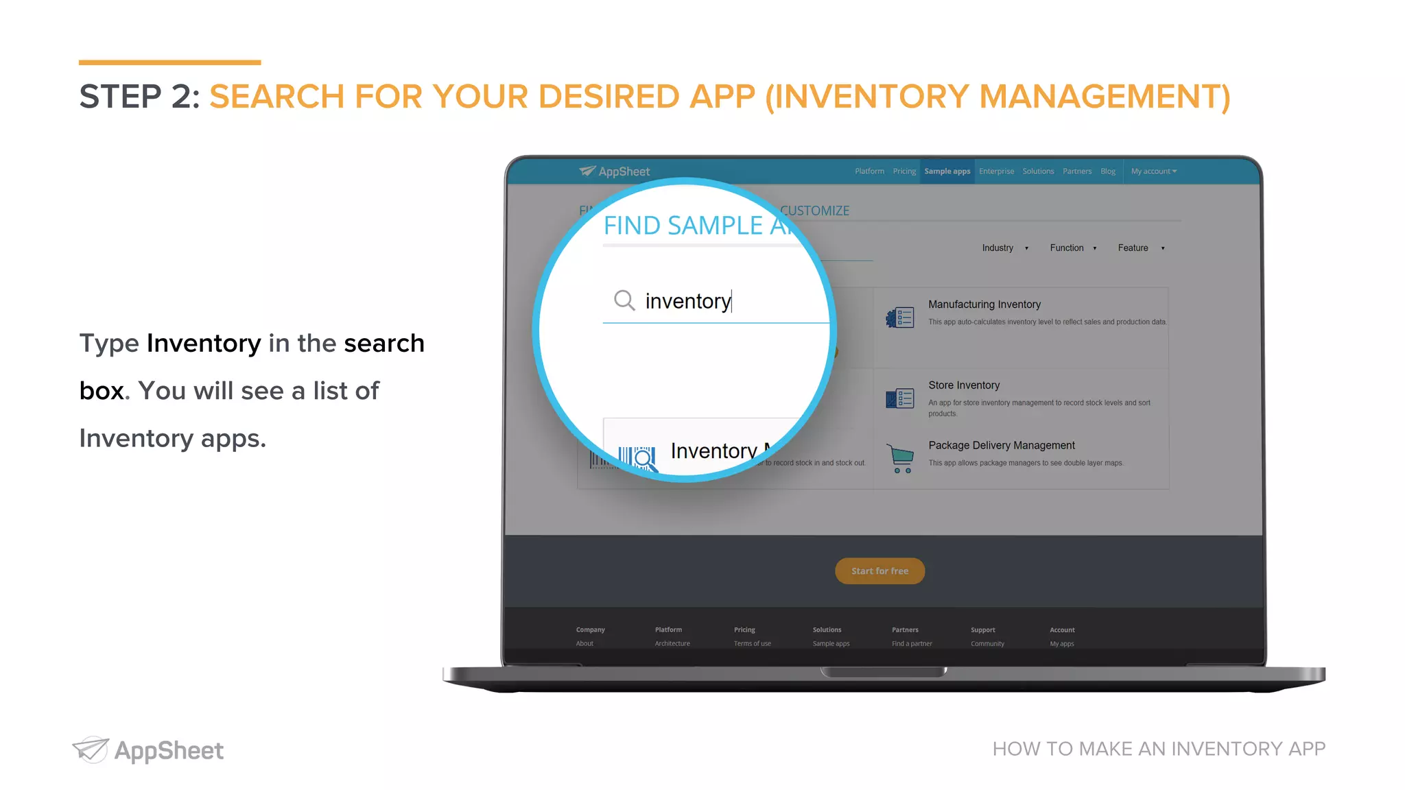 STEP 2: SEARCH FOR YOUR DESIRED APP (INVENTORY MANAGEMENT) HOW TO MAKE AN INVENTORY APP Type Inventory in the search box. You will see a list of Inventory apps. 