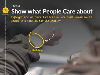 Highlight one or more factors that are most important to
people in a solution for the problem
Show what People Care about
Step 3
Reliability
Opportunity
Image
 