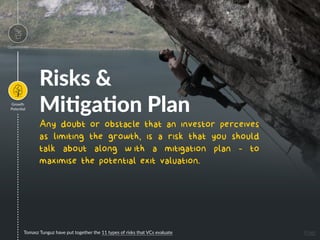 Risks &
Mi7ga7on Plan
Any doubt or obstacle that an investor perceives
as limiting the growth, is a risk that you should
talk about along w ith a mitigation plan - to
maximise the potential exit valuation.
Tomasz Tunguz have put together the 11 types of risks that VCs evaluate
Opportunity
Growth
Poten=al
Image
 