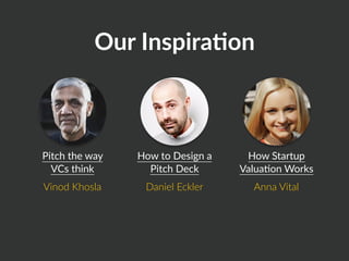 Our InspiraAon
Pitch the way
VCs think
Vinod Khosla
How to Design a
Pitch Deck
Daniel Eckler
How Startup
Valua=on Works
Anna Vital
 