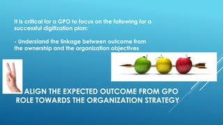 1. ALIGN THE EXPECTED OUTCOME FROM GPO
ROLE TOWARDS THE ORGANIZATION STRATEGY
It is critical for a GPO to focus on the following for a
successful digitization plan:
- Understand the linkage between outcome from
the ownership and the organization objectives
 