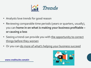 Trends
• Analysts love trends for good reason
• Reviewing comparable time periods (years or quarters, usually),
you can home in on what is making your business profitable –
or causing a loss
• Seeing a trend can provide you with the opportunity to correct
things before they worsen
• Or you can do more of what’s helping your business succeed
www.creditsuite.com/ein
 