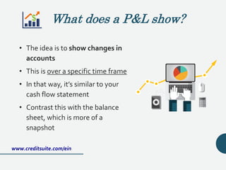 What does a P&L show?
• The idea is to show changes in
accounts
• This is over a specific time frame
• In that way, it’s similar to your
cash flow statement
• Contrast this with the balance
sheet, which is more of a
snapshot
www.creditsuite.com/ein
 