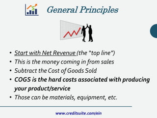 • Start with Net Revenue (the “top line”)
• This is the money coming in from sales
• Subtract the Cost of Goods Sold
• COGS is the hard costs associated with producing
your product/service
• Those can be materials, equipment, etc.
www.creditsuite.com/ein
General Principles
 