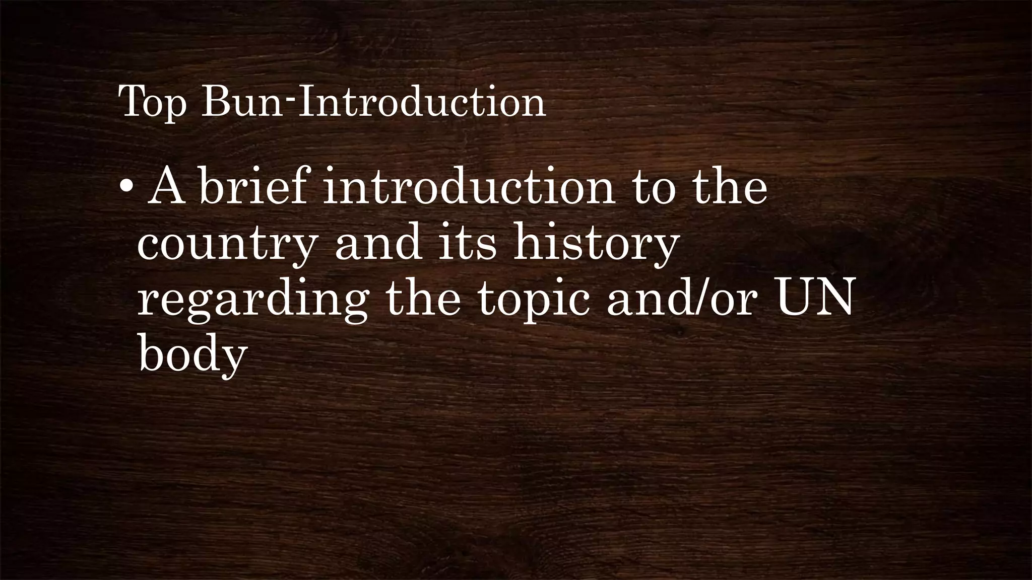 Top Bun-Introduction
• A brief introduction to the
country and its history
regarding the topic and/or UN
body
 