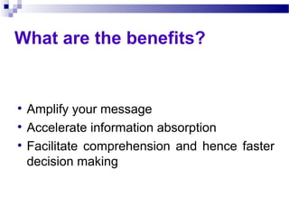 What are the benefits? Amplify your message Accelerate information absorption Facilitate comprehension and hence faster decision making 
