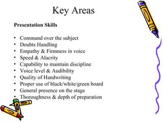 Key Areas Presentation Skills Command over the subject Doubts Handling Empathy & Firmness in voice Speed & Alacrity Capability to maintain discipline Voice level & Audibility Quality of Handwriting Proper use of black/white/green board General presence on the stage Thoroughness & depth of preparation 