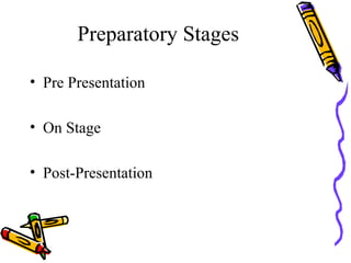 Preparatory Stages <ul><li>Pre Presentation </li></ul><ul><li>On Stage </li></ul><ul><li>Post-Presentation </li></ul>