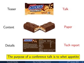 Teaser
Content
Details
Talk
Paper
Tech report
Kaustubh Beedkar How To Make a Presentation 22nd
January 2019 3
The purpose of a conference talk is to whet appetite
 