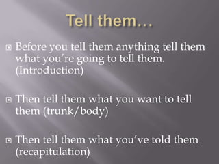  Before you tell them anything tell them
what you’re going to tell them.
(Introduction)
 Then tell them what you want to...