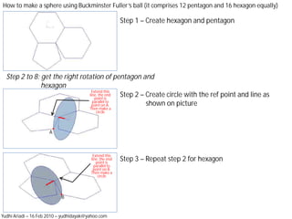 How to make a sphere using Buckminster Fuller’s ball (it comprises 12 pentagon and 16 hexagon equally)

                                                         Step 1 – Create hexagon and pentagon




  Step 2 to 8: get the right rotation of pentagon and
               hexagon
                                 Extend this
                                line, the end
                                   point is
                                              Step 2 – Create circle with the ref point and line as
                                  parallel to
                                 point on A.           shown on picture
                                         Then make a
                                            circle




                      A



                                          Extend this
                                         line, the end
                                            point is
                                                         Step 3 – Repeat step 2 for hexagon
                                           parallel to
                                          point on B.
                                         Then make a
                                             circle




                           B


Yudhi Ariadi – 16 Feb 2010 – yudhidayak@yahoo.com
 