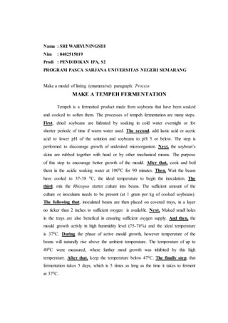 Nama : SRI WAHYUNINGSIH
Nim : 0402515019
Prodi : PENDIDIKAN IPA, S2
PROGRAM PASCA SARJANA UNIVERSITAS NEGERI SEMARANG
Make a model of listing (enumeraive) paragraph: Process
MAKE A TEMPEH FERMENTATION
Tempeh is a fermented product made from soybeans that have been soaked
and cooked to soften them. The processes of tempeh fermentation are many steps.
First, dried soybeans are hidrated by soaking in cold water overnight or for
shorter periode of time if warm water used. The second, add lactic acid or acetic
acid to lower pH of the solution and soybeans to pH 5 or below. The step is
performed to discourage growth of undesired microorganism. Next, the soybean’s
skins are rubbed together with hand or by other mechanical means. The purpose
of this step to encourage better growth of the mould. After that, cook and boil
them in the acidic soaking water at 1000C for 90 minutes. Then, Wait the beans
have cooled to 37-38 0C, the ideal temperature to begin the inoculation. The
third, mix the Rhizopus starter culture into beans. The sufficient amount of the
culture or inoculums needs to be present (at 1 gram per kg of cooked soybeans).
The following that, inoculated beans are then placed on covered trays, in a layer
no ticker than 2 inches to sufficient oxygen is available. Next, Maked small holes
in the trays are also benefical in ensuring sufficient oxygen supply. And then, the
mould growth activly in high hummidity level (75-78%) and the ideal temperature
is 370C. During the phase of active mould growth, however temperature of the
beans will naturally rise above the ambient temperature. The temperature of up to
490C were measured, where further moul growth was inhibited by this high
temperature. After that, keep the temperature below 470C. The finally step, that
fermentation takes 5 days, which is 5 times as long as the time it takes to ferment
at 370C.
 