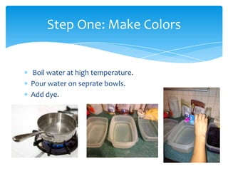 Step One: Make Colors


Boil water at high temperature.
Pour water on seprate bowls.
Add dye.
 