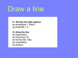 Rectangles 
//Set the line and fill style options 
ctx.strokeStyle = "black"; 
ctx.lineWidth = 3; 
ctx.fillStyle = "rgba(1...