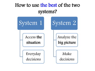 How to use the best of the two
systems?
System 1
Access the
situation
Everyday
decisions
System 2
Analyze the
big picture
...