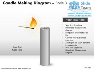 Candle Melting Diagram – Style 3


                                               Your Text Here
                                           •   Your Text Goes here
                                           •   Download this awesome
                                               diagram
                                           •   Bring your presentation to
                                               life
                                           •   Capture your audience’s
                                               attention
                                           •   All images are 100% editable
                                               in powerpoint
              Your Text                    •   Your Text Goes here
              Goes Here                    •   Download this awesome
                                               diagram




                                                                    Your Logo
Unlimited downloads at www.slideteam.net
 