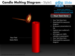 Candle Melting Diagram - Style1


                                               Your Text Here
                                           •   Your Text Goes here
                                           •   Download this awesome
                                               diagram
                                           •   Bring your presentation to
                                               life
                                           •   Capture your audience’s
                                               attention
                                           •   All images are 100%
                                               editable in powerpoint
              Your Text                    •   Your Text Goes here
              Goes Here                    •   Download this awesome
                                               diagram




                                                                   Your Logo
Unlimited downloads at www.slideteam.net
 