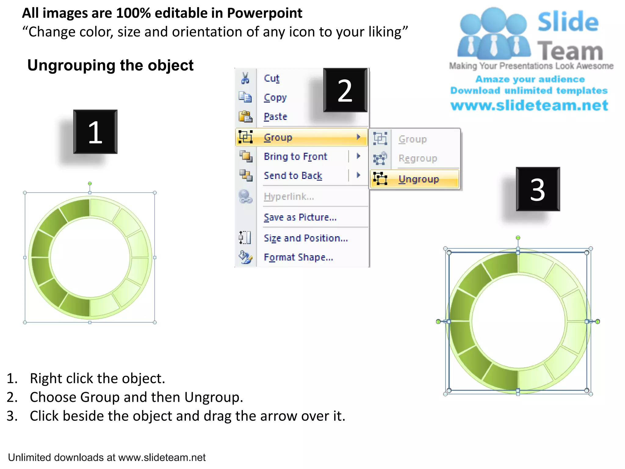 All images are 100% editable in Powerpoint
“Change color, size and orientation of any icon to your liking”
Ungrouping the object
2
1
3
1. Right click the object.
2. Choose Group and then Ungroup.
3. Click beside the object and drag the arrow over it.
Unlimited downloads at www.slideteam.net